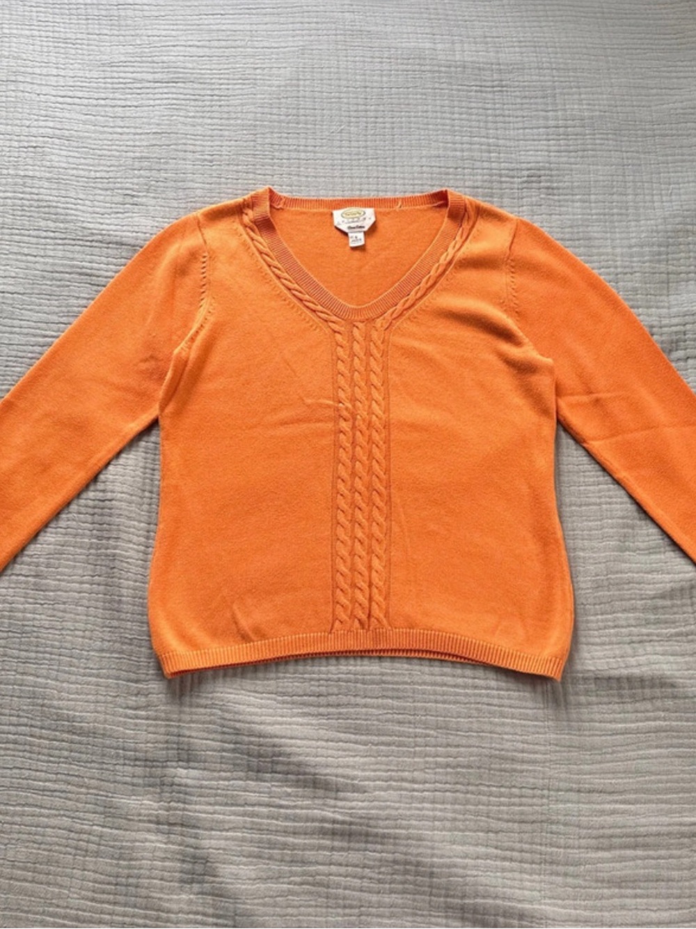 Talbots petites Pima Cotton Orange V-Neck Cable Knit Sweater